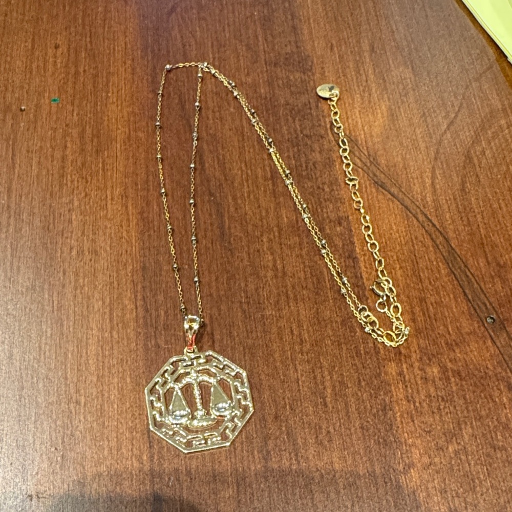 Athena Gold-Plated Zodiac “Libra” Scales Filigree Medallion & Gold Tone Chain